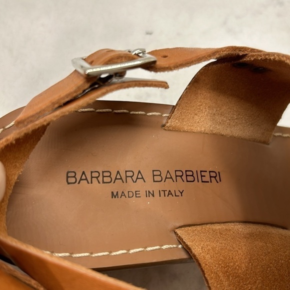 Barbara Barbieri Brown Tan Leather Sling Back Stacked Wood Block Heels Open Toe - Picture 14 of 16